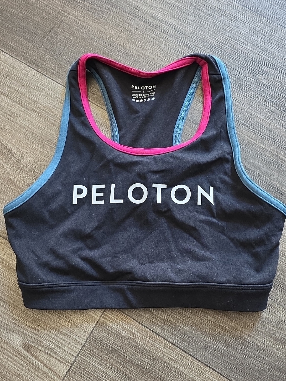 Peloton Women's Black Sports Bra with Pink & Blue Trim